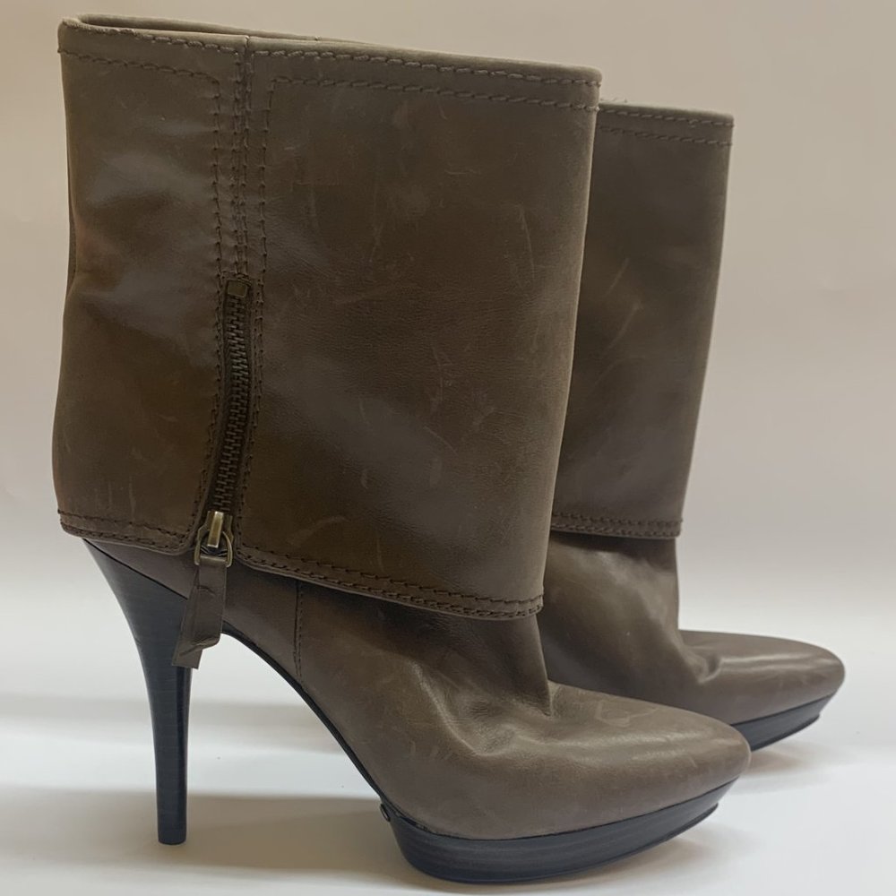 Nine West Matinee Women's Grey Leather High Heel Ankle Boots Fold Over S…